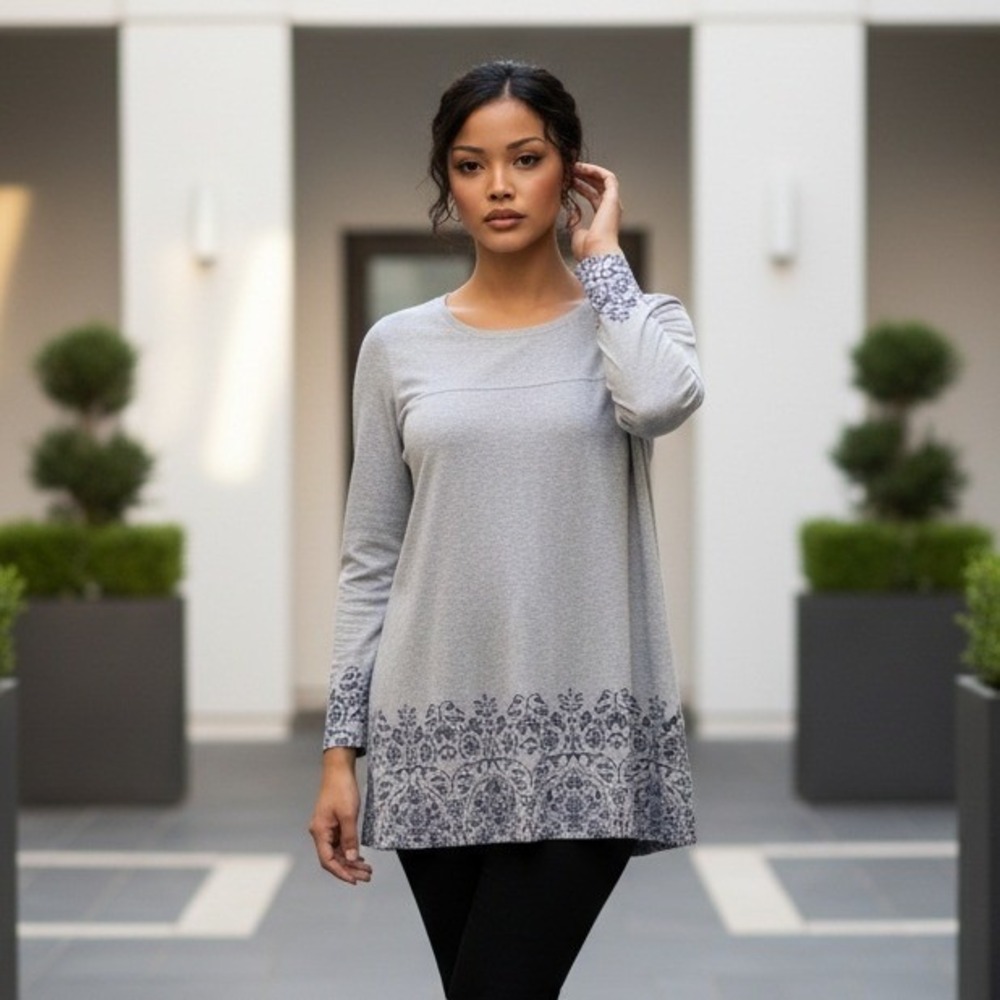 Soma XL Gray Long Sleeve Tunic Top Floral Border Print‎ Womens Soft Cozy Stretch